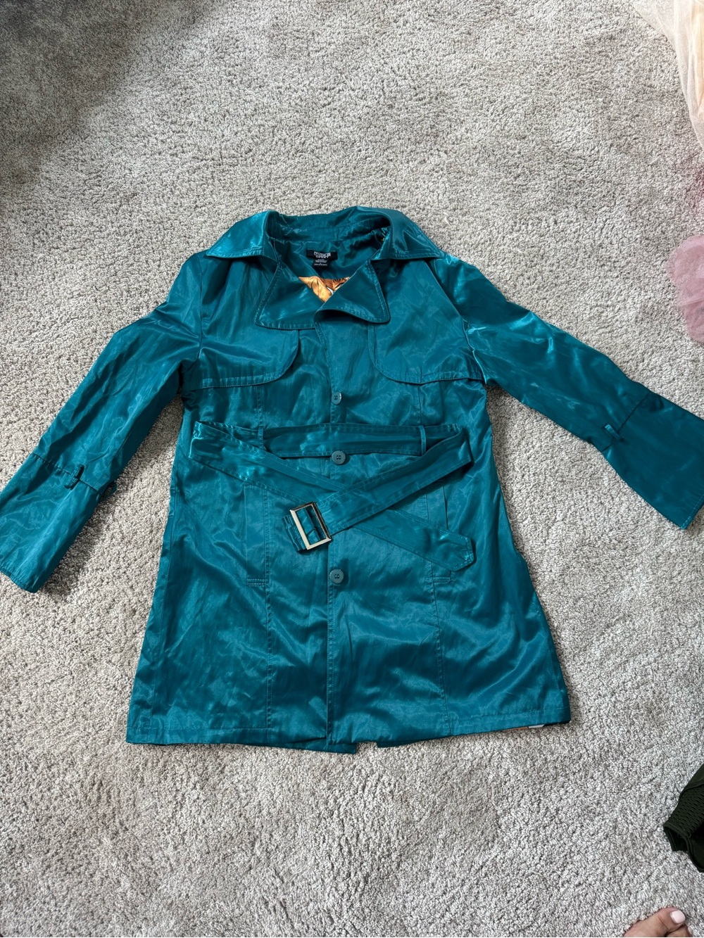 Vintage Women's Teal Satin Trench Coat with Belt
